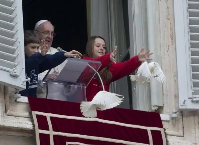 Foto Papa Francesco colombe attaccate da corvo e gabbiano 