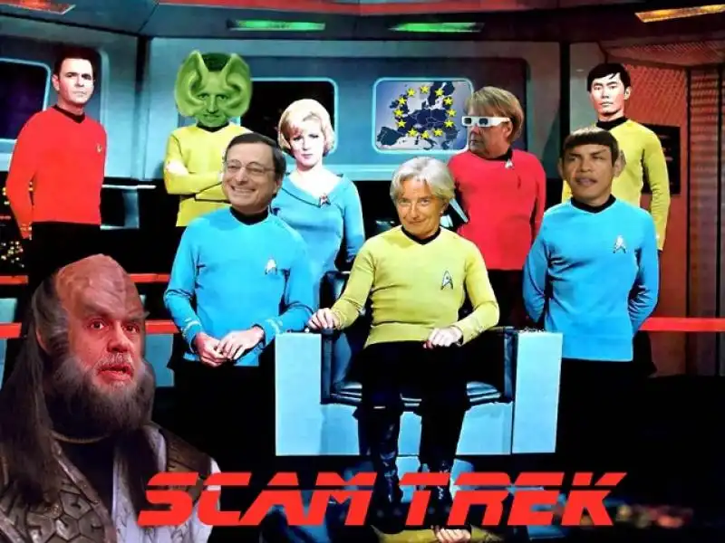 parodia star trek by william banzai scam truffa draghi e lagarde centro basso sx bernanke poi obama merkel occhiali e geithner verde aspx 