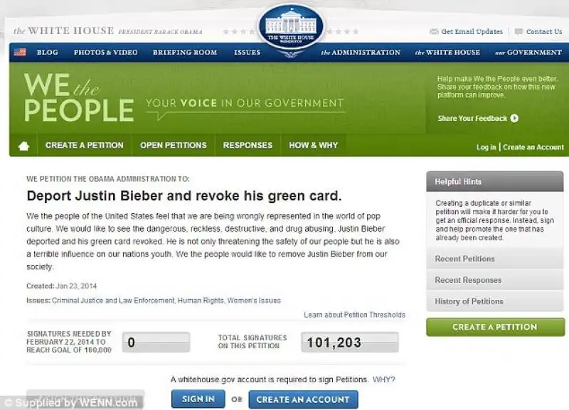 La petizione per revocare la green card a Justin 