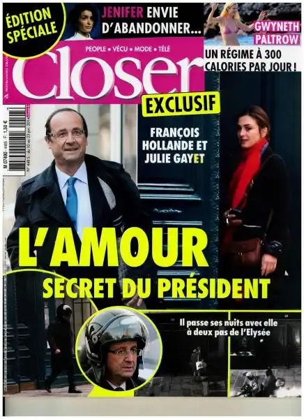 LA PRIMA PAGINA DI CLOSER CON LE FOTO DI HOLLANDE E JULIE GAYET 