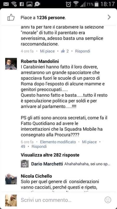 commenti del carabiniere roberto mandolini a chi lo accusa su facebook