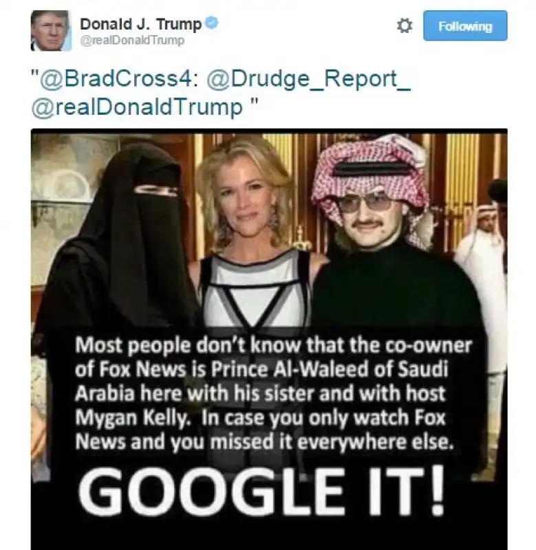 donald trump tweet finta foto di megyn kelly con lo sceicco alwaleed