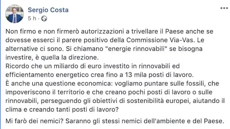 IL MINISTRO SERGIO COSTA MINACCIA DI NON FIRMARE PER LE TRIVELLE