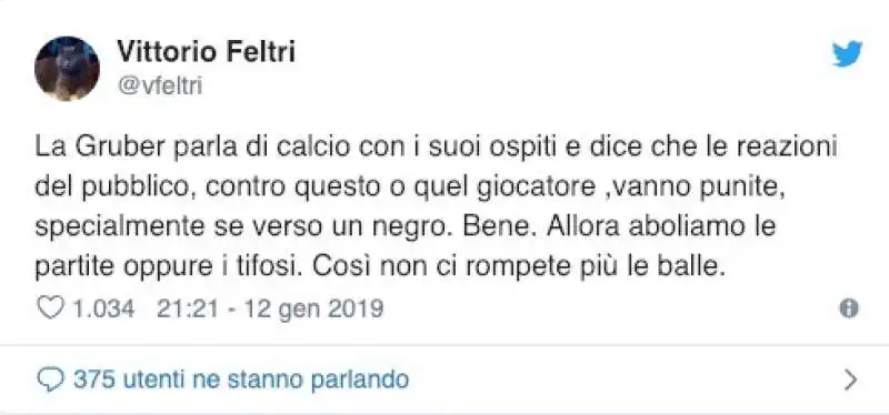 IL TWEET DI VITTORIO FELTRI SUI CORI RAZZISTI