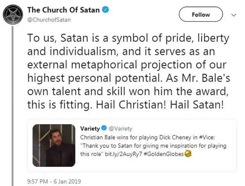 la chiesa di satana ringrazia christian bale