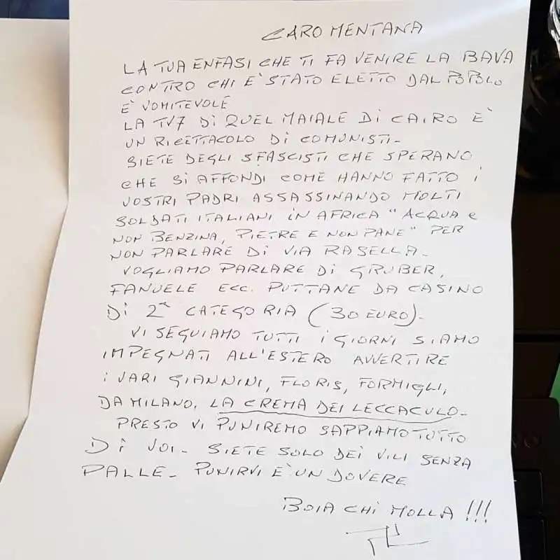 LETTERA DI MINACCE A ENRICO MENTANA E LA7