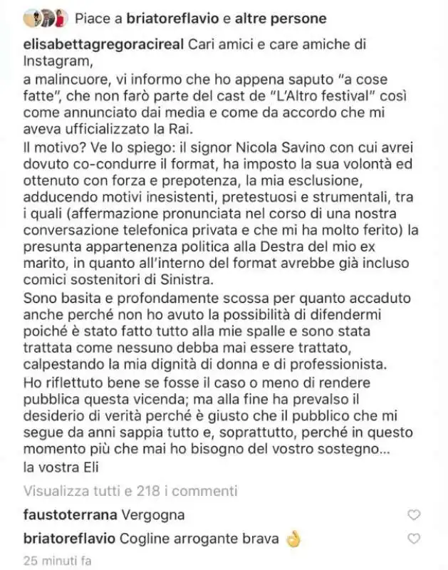 IL COMMENTO DI BRIATORE AL POST DI ELISABETTA GREGORACI