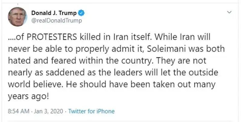 il tweet di donald trump sulla morte di qassem soleimani 1