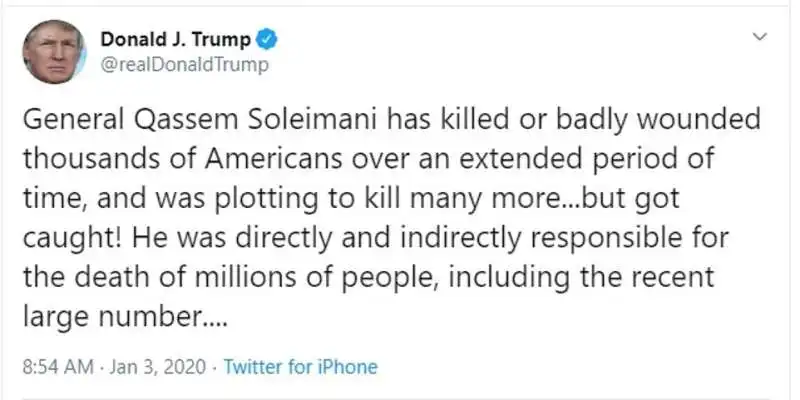 il tweet di donald trump sulla morte di qassem soleimani