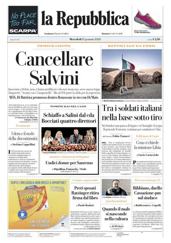 LA PRIMA PAGINA DI REPUBBLICA – 15 GENNAIO 2020