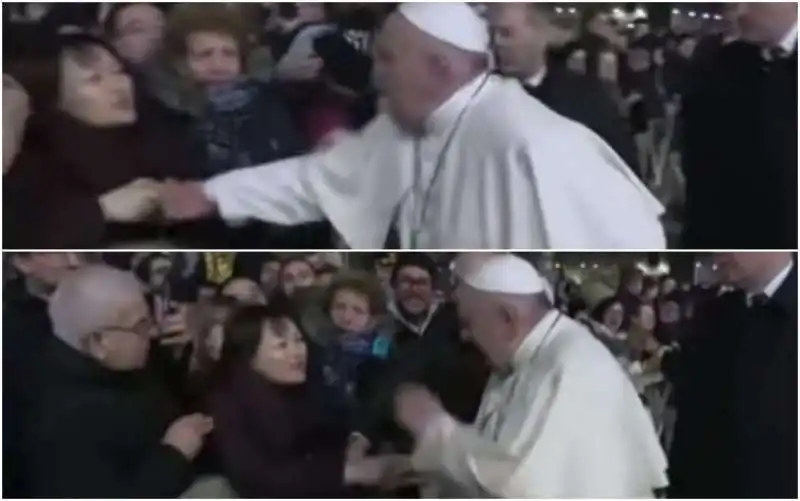 PAPA BERGOGLIO SCHIAFFEGGIA LA MANO DI UNA FEDELE CHE LO STRATTONA