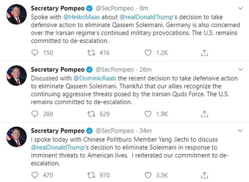 tweet di mike pompeo sulla morte di soleimani