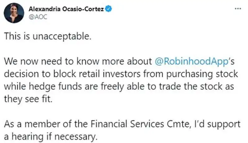 alexandria ocasio cortez sul caso gamestop 