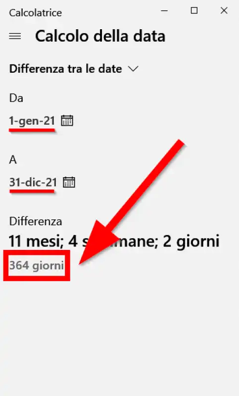 anno di 364 giorni secondo la calcolatrice di Windows