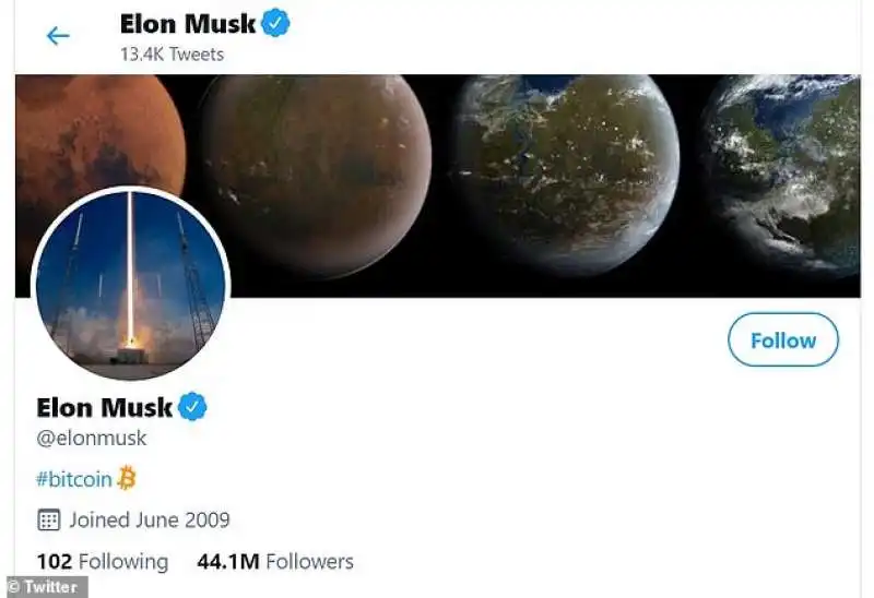 elon musk mette la parola bitcoin sulla bio di twitter 