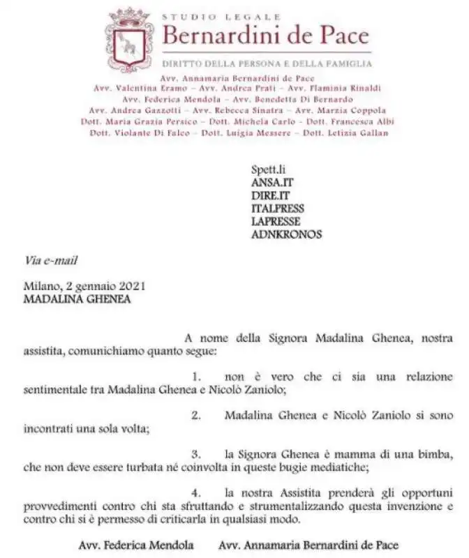 IL COMUNICATO DEGLI AVVOCATI DI MADALINA GHENEA SUL CASO ZANIOLO