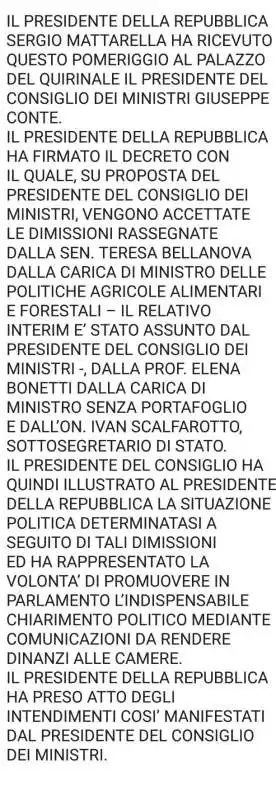 IL COMUNICATO DEL QUIRINALE DOPO IL COLLOQUIO CON CONTE 