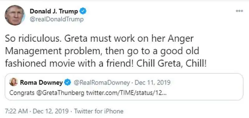 il ttweet di trump contro greta  