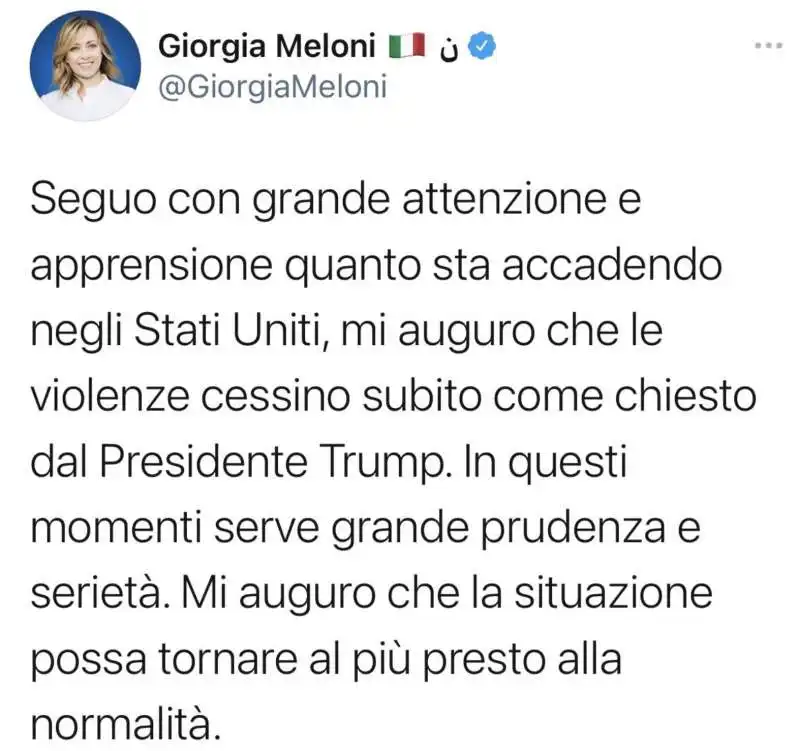 IL TWEET DI GIORGIA MELONI SULL IRRUZIONE DEI SUPPORTER DI TRUMP AL CONGRESSO USA