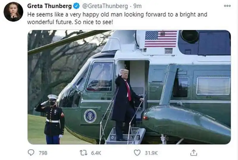 il tweet sarcastico di greta thunberg per l'addio di trump 