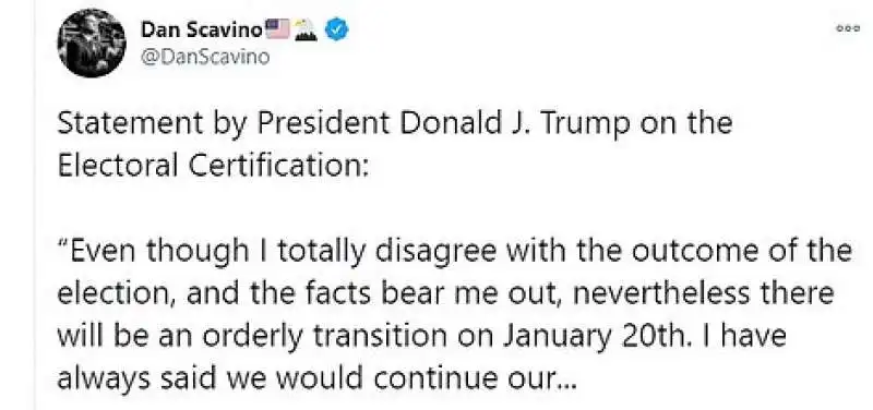 la dichiarazione di trump pubblicata su twitter da dan scavino