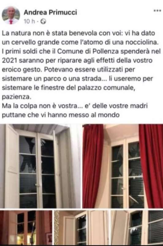 POLLENZA - VANDALI DISTRUGGONO LE VETRATE DEL MUNICIPIO - LO SFOGO DI ANDREA PRIMUCCI