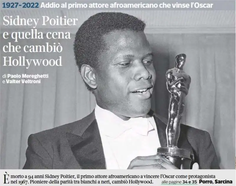 ADDIO A SYDNEY POITIER - IL RICHIAMO IN PRIMA DEL CORRIERE DELLA SERA