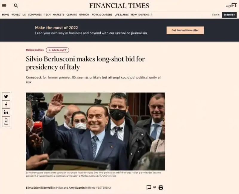 ARTICOLO DEL FINANCIAL TIMES SULLA CANDIDATURA DI BERLUSCONI AL QUIRINALE