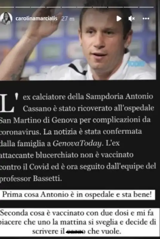 CASSANO RICOVERATO IL POST DELLA MOGLIE