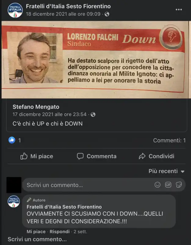 il post di fdi che chiama lorenzo falchi down