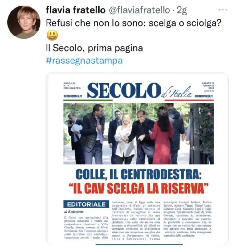 IL TWEET DI FLAVIA FRATELLO SUL REFUSO DEL SECOLO DITALIA 