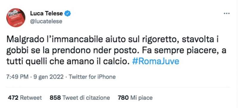 il tweet sfortunato di luca telese su roma juve