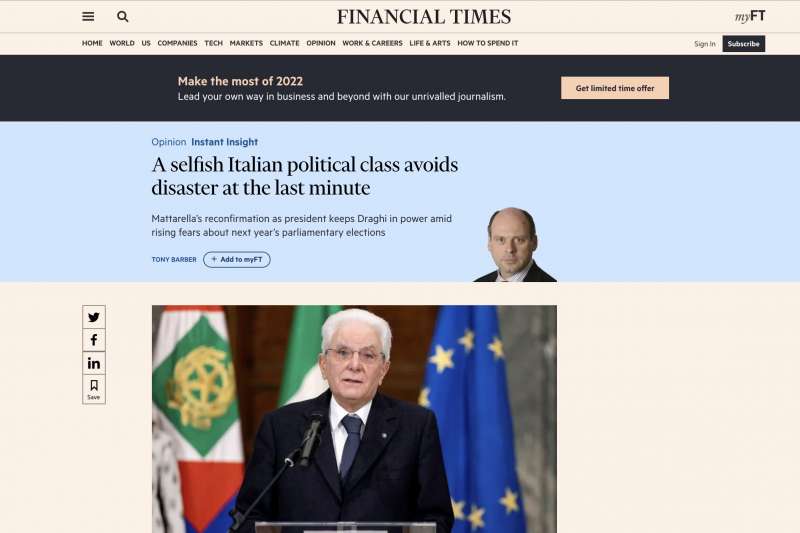 L EDITORIALE DEL FINANCIAL TIMES SUL MATTARELLA BIS