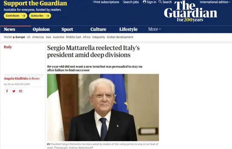 la rielezione di mattarella sul guardian 