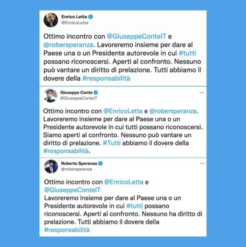 lo stesso tweet di conte letta e speranza sul quirinale