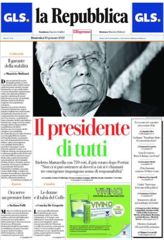 mattarella bis prima pagina la repubblica