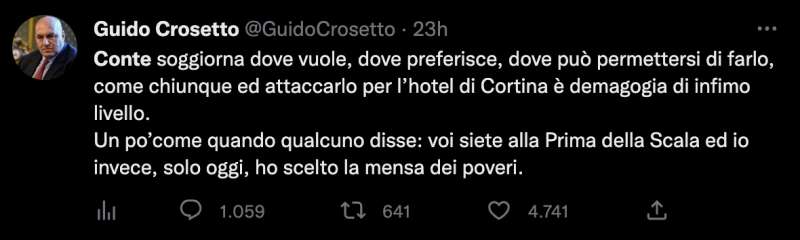 conte a cortina tweet crosetto