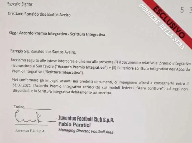 CRISTIANO RONALD E LA JUVENTUS - LA CARTA SUI BONUS 