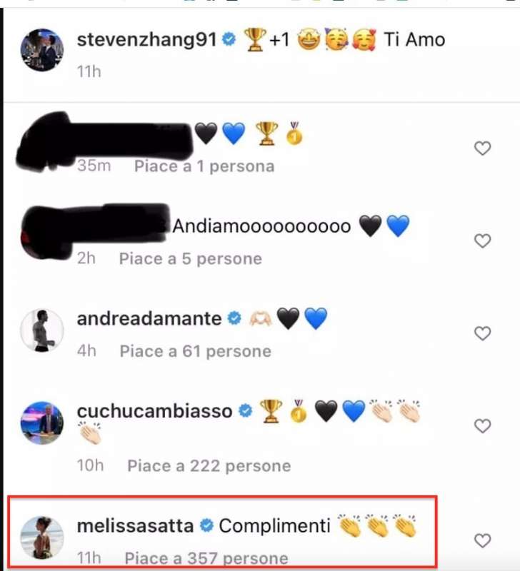 il commento di melissa satta sotto il post di steven zhang