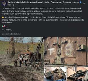 il post dell ambasciata russa sul blindato italiano distrutto