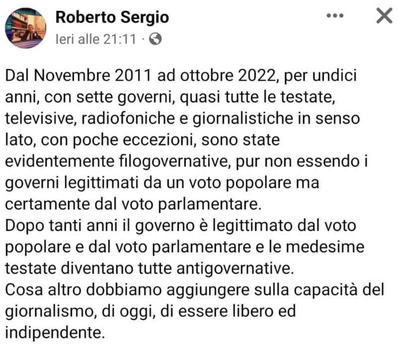 IL POST DI ROBERTO SERGIO SUL GOVERNISMO DELLE TESTATE