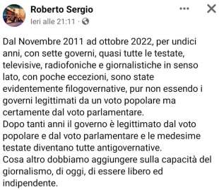 IL POST DI ROBERTO SERGIO SUL GOVERNISMO DELLE TESTATE