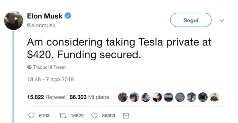 IL TWEET DI ELON MUSK SUL DELISTING DI TESLA - 7 AGOSTO 2018