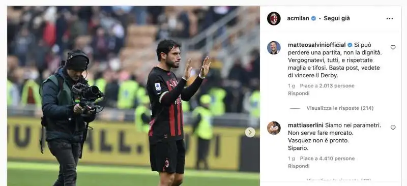 lo sfogo di matteo salvini sotto il post del milan