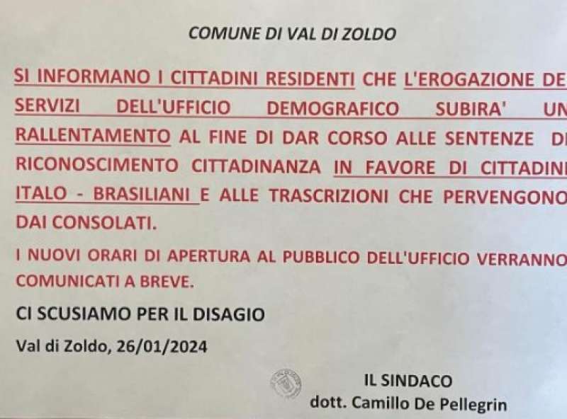 CARTELLO AL COMUNE DI VAL DI ZOLDO PER LE TROPPE CITTADINANZE BRASILIANE