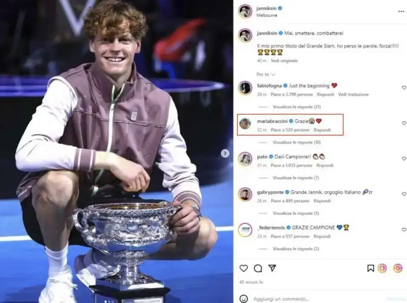 IL COMMENTO DI MARIA BRACCINI AL POST INSTAGRAM DI JANNIK SINNER DOPO GLI AUSTRALIAN OPEN 