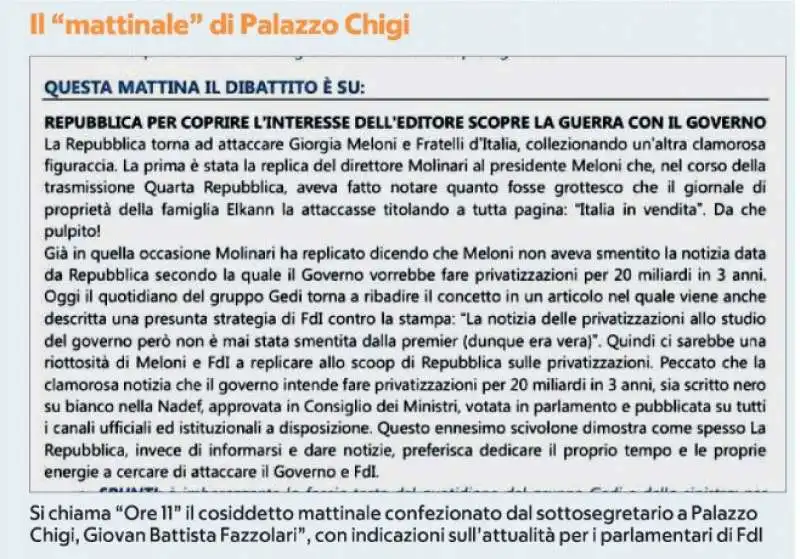 IL MATTINALE DI PALAZZO CHIGI - FAZZOLARI E L'ATTACCO A REPUBBLICA