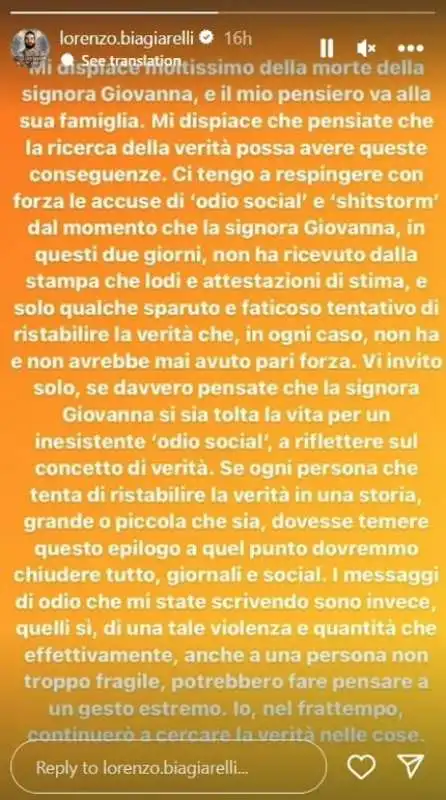 il post di lorenzo biagiarelli dopo la morte di giovanna pedretti