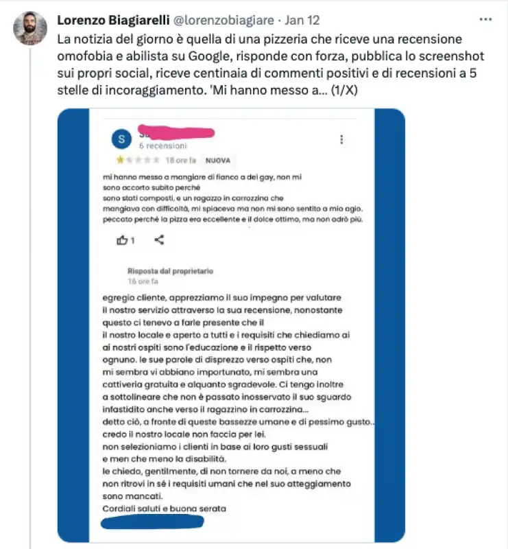 IL POST DI LORENZO BIAGIARELLI SUL CASO DEL COMMENTO OMOFOBO ALLA PIZZERIA LE VIGNOLE DI SANT'ANGELO LODIGIANO