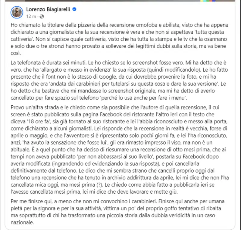 IL POST DI LORENZO BIAGIARELLI SUL CASO DEL COMMENTO OMOFOBO ALLA PIZZERIA LE VIGNOLE DI SANT'ANGELO LODIGIANO